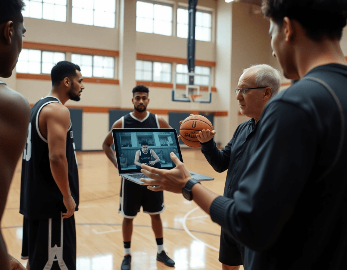 Players watch a laptop replay in a basketball gym as the coach gestures with a basketball.