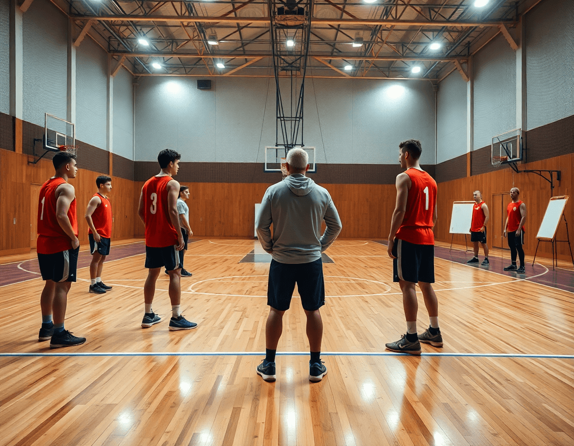 Wide cinematic basketball gym scene with a coach guiding a youth team from Italy and France.