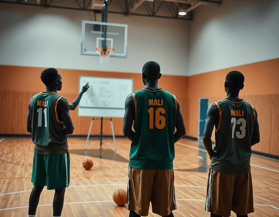 Due giocatori U16 di Mali visti di spalle ascoltano l'allenatore che indica una lavagna durante l'analisi di basketball.