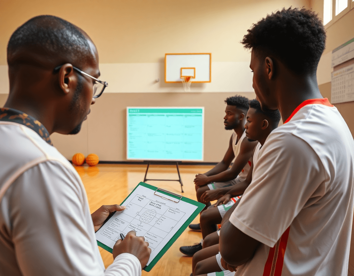 Allenatore con clipboard e lavagna tattica in palestra durante la pianificazione settimanale di basketball.