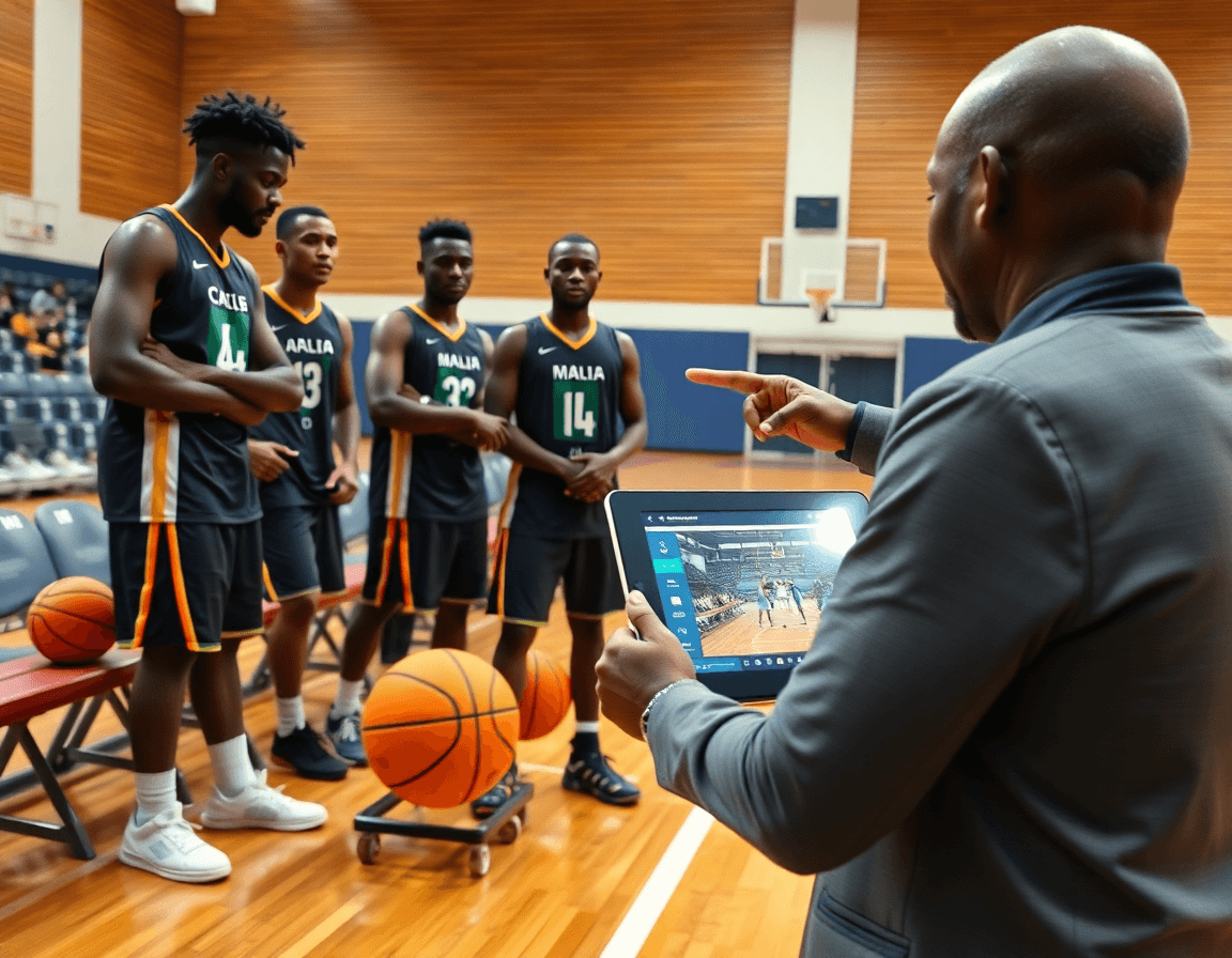Clip di basketball sul tablet osservate dai giocatori in palestra durante clipping.