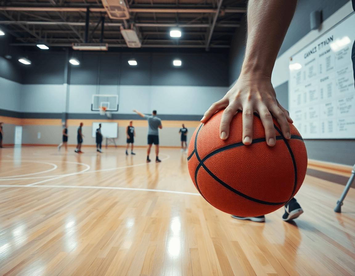 Primo piano di basket u18 italia spagna: mani che palleggiano su parquet.