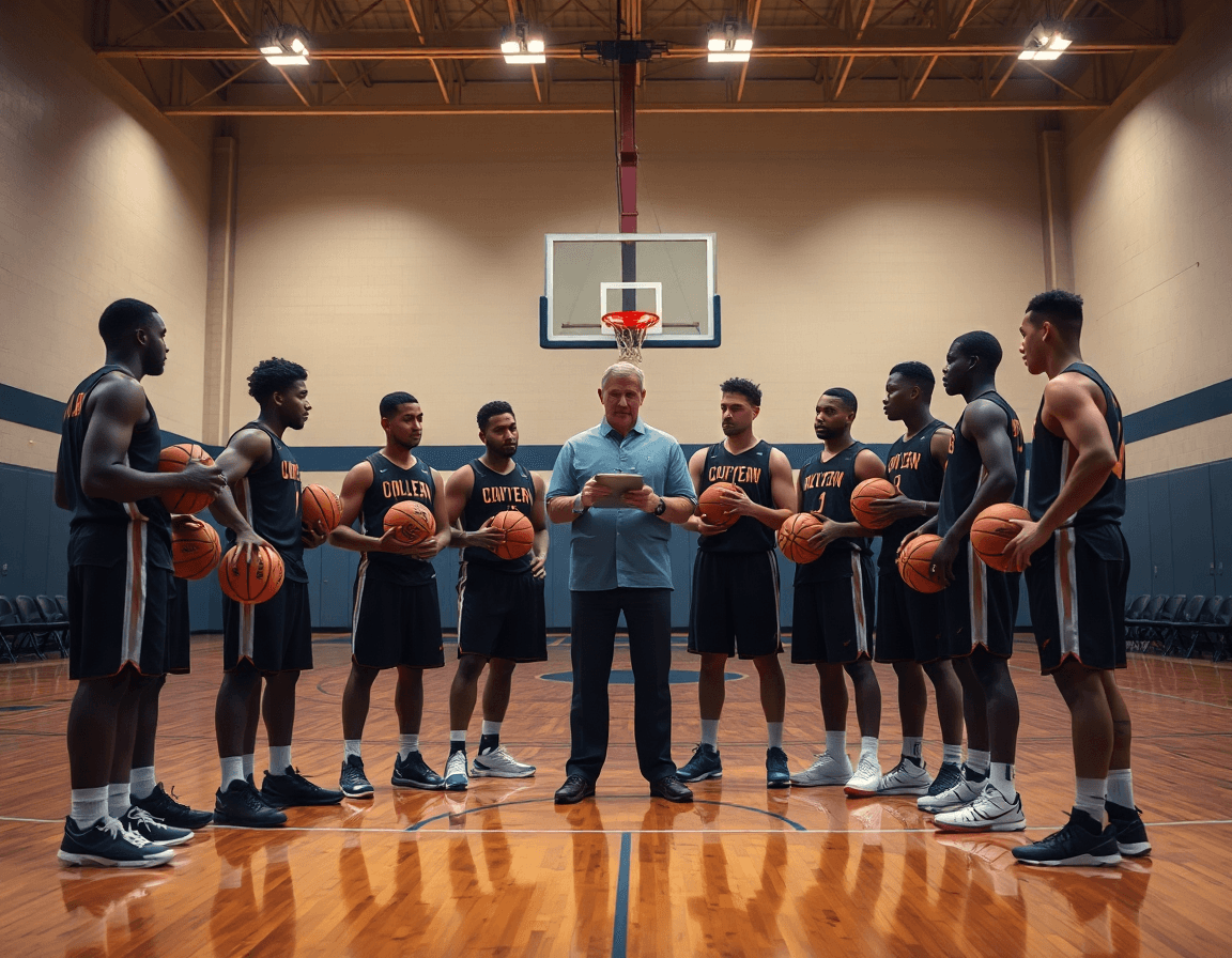Scena di basket u18 italia spagna: squadra in cerchio e coach che guarda video.