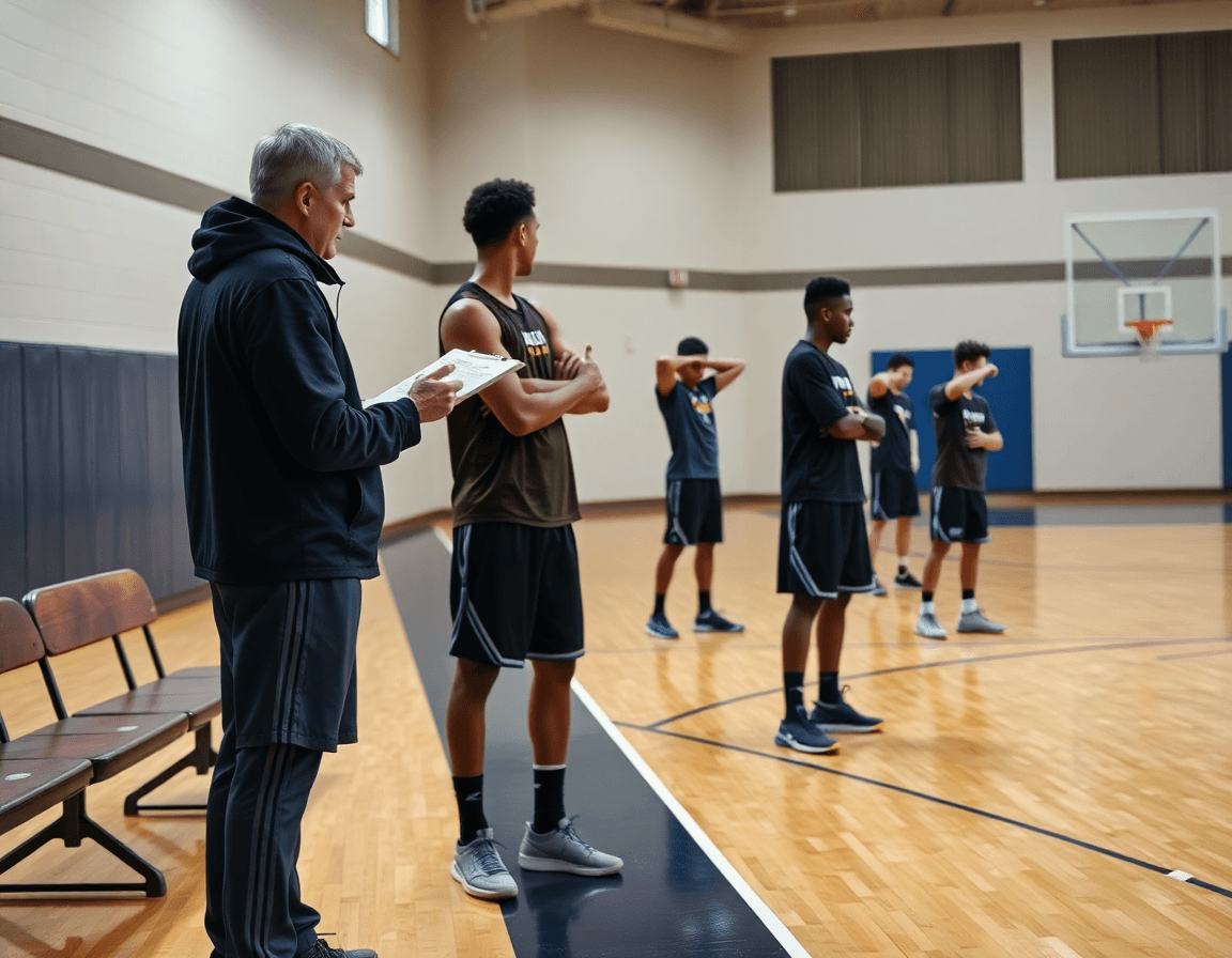 Scena di basket u18 senegal cote d ivoire durante pianificazione settimanale con piano di allenamento.