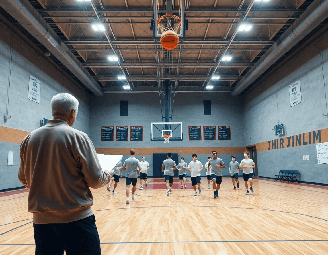 Scena ampia di basket u18 senegal cote d ivoire in palestra con coach, giocatori e pallone arancione.