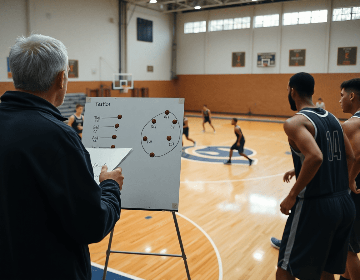 Primo piano su drill blob basket vicino al bordo, coach e pallone arancione.