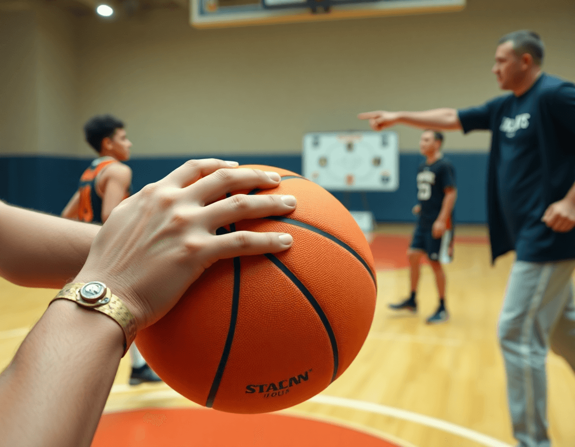 Primo piano sulle mani che afferrano la palla arancione durante blob basket, coach che indica la lavagna tattica.