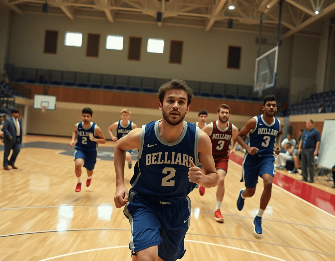 Angolo ampio: giocatori di basket corrono campi lunghi in blob basket, coach a bordo.