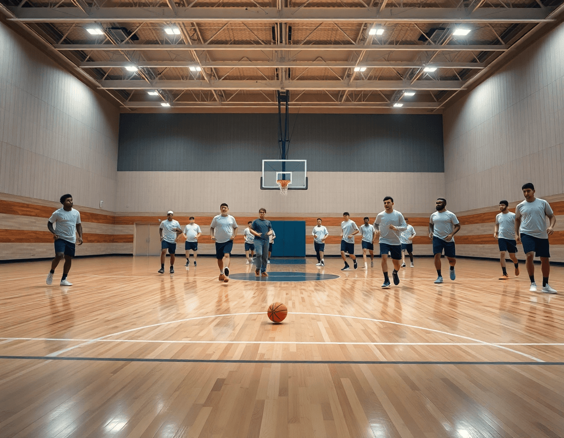 Scena ampia in palestra di basket: coach e squadra praticano blob basket durante l'allenamento.