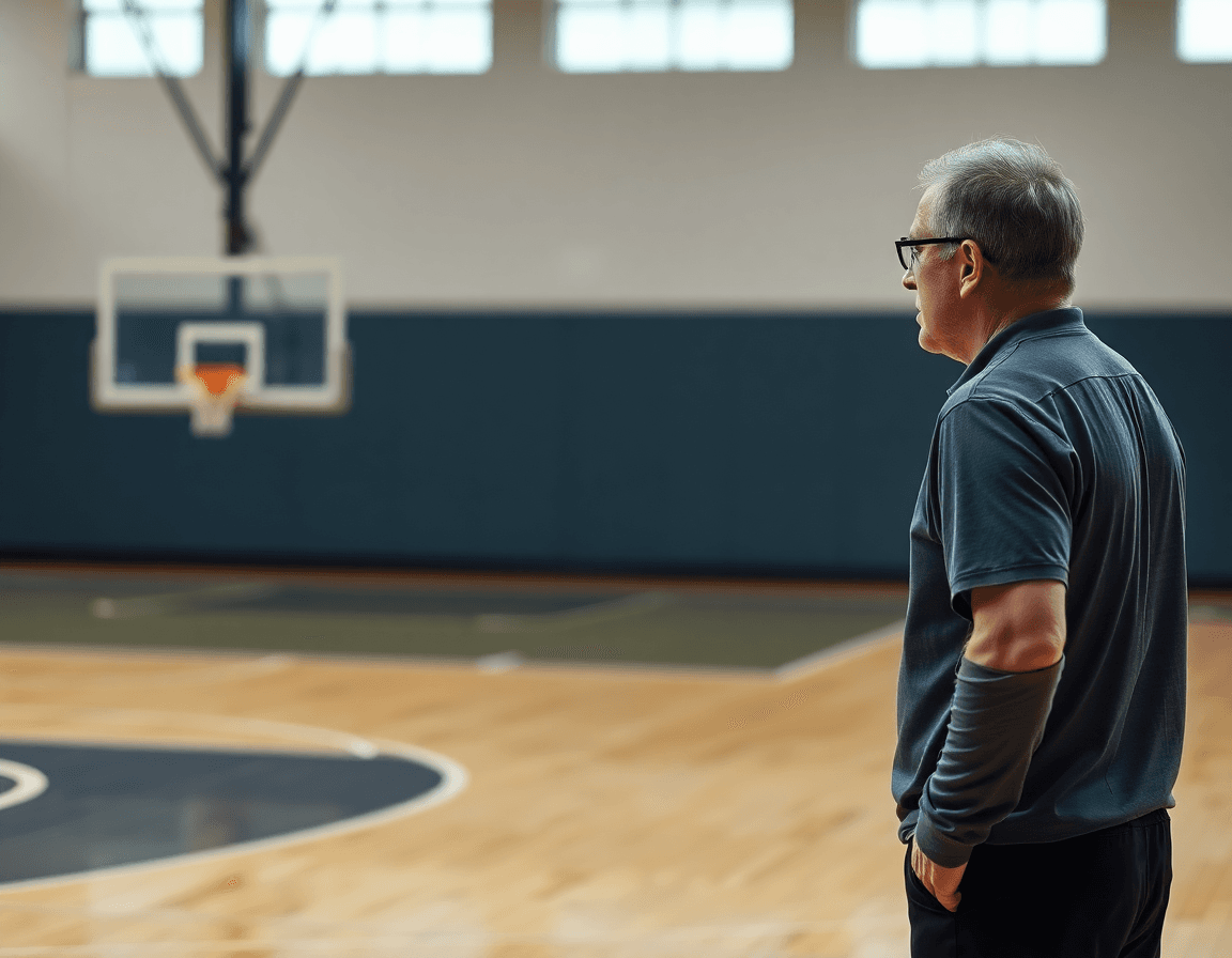 Coach explaining tactics on a gym whiteboard