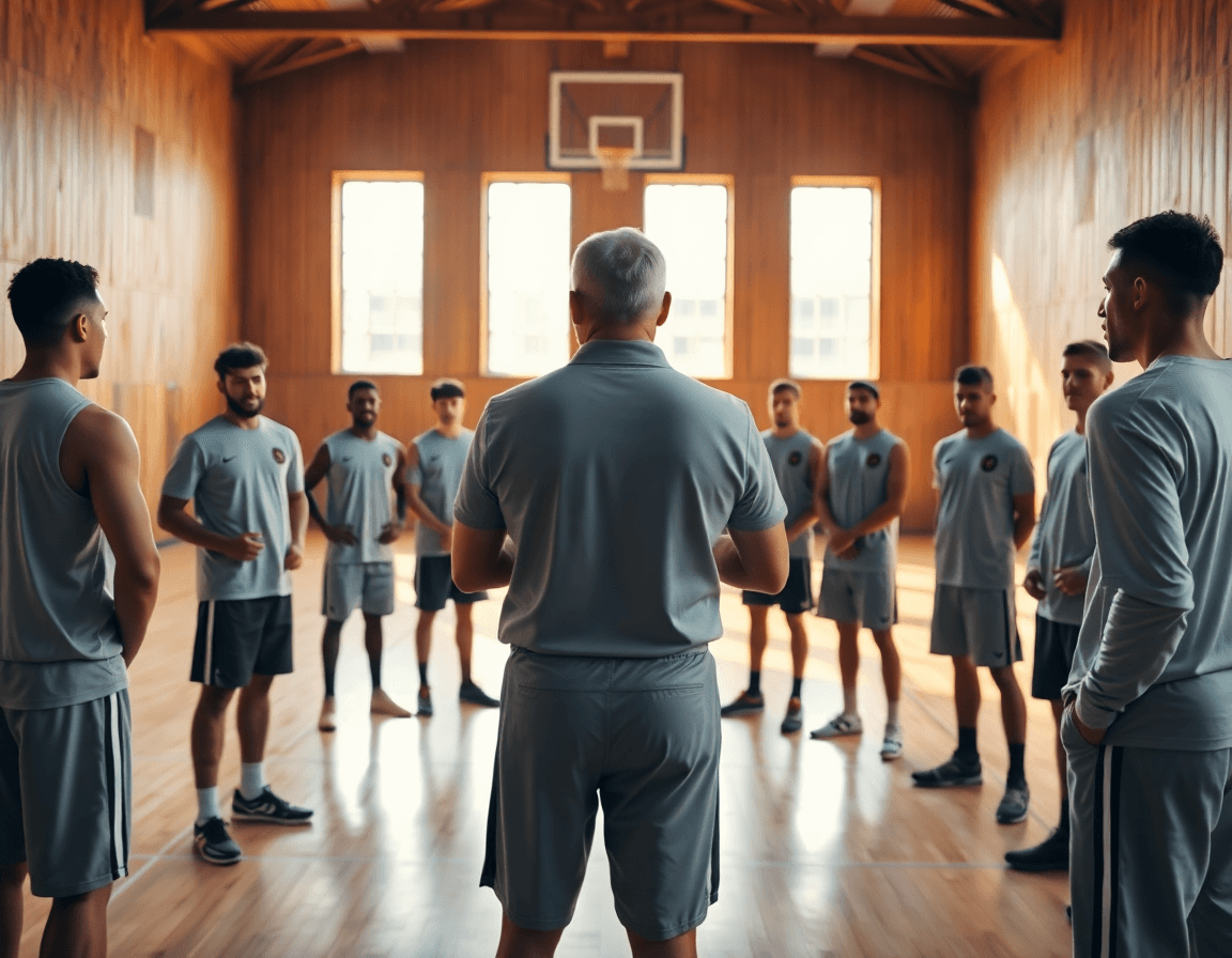 Basketball coach leading a team practice in a gym