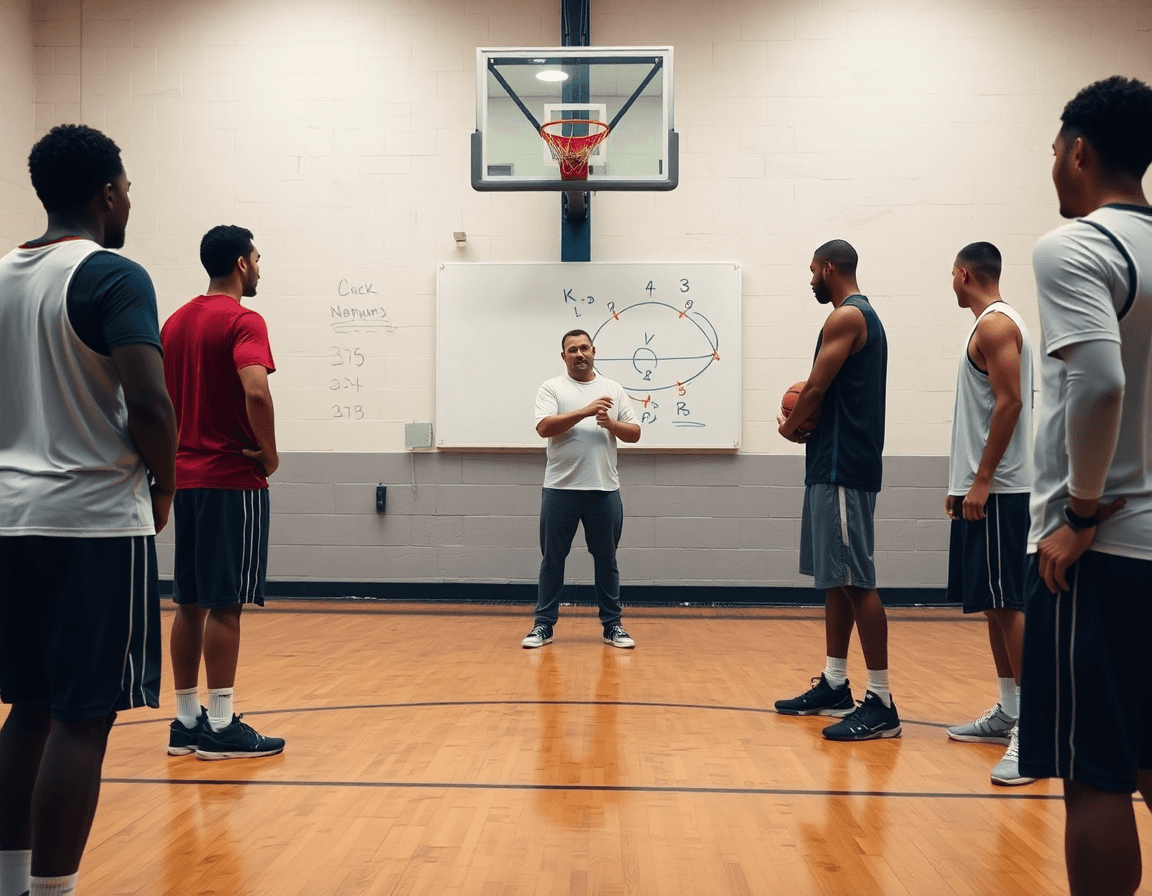 Il coach basket guida i movimenti offensivi disegnati sul quaderno, mentre i giocatori osservano.