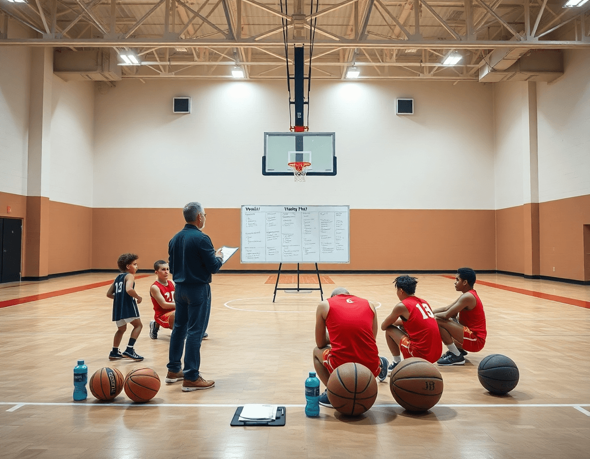 Scena ampia da palestra: coach basket guida la squadra durante l'allenamento settimanale.