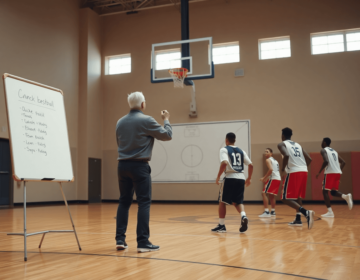 Coach in polo staffetta con una lavagna tattica mentre due giocatori eseguono esercizi basket dai e vai.