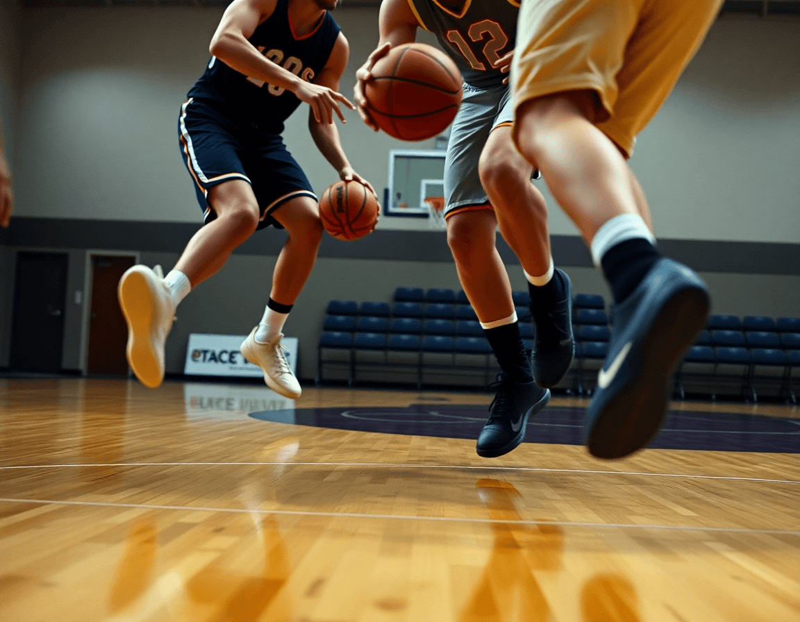 Primo piano sulle mani e sui passi dei giocatori durante esercizi basket dai e vai vicino al perimetro.