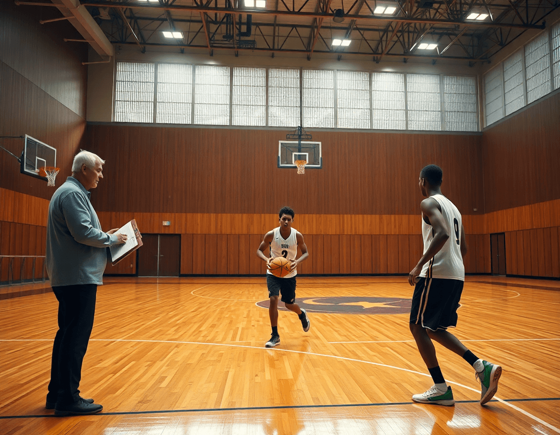 Due giocatori eseguono esercizi basket dai e vai durante una pratica intensa di basket.