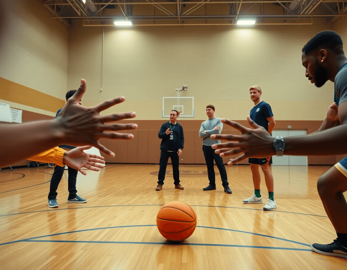 Primo piano sulle mani e sul pallone, come allenare il tiro nel basket durante l'allenamento.