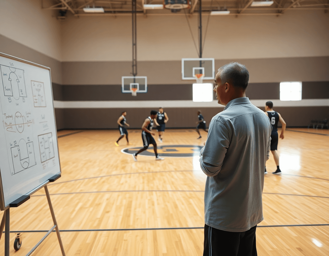 Allenatore davanti a una lavagna, come allenare il tiro nel basket, pratiche di gioco.