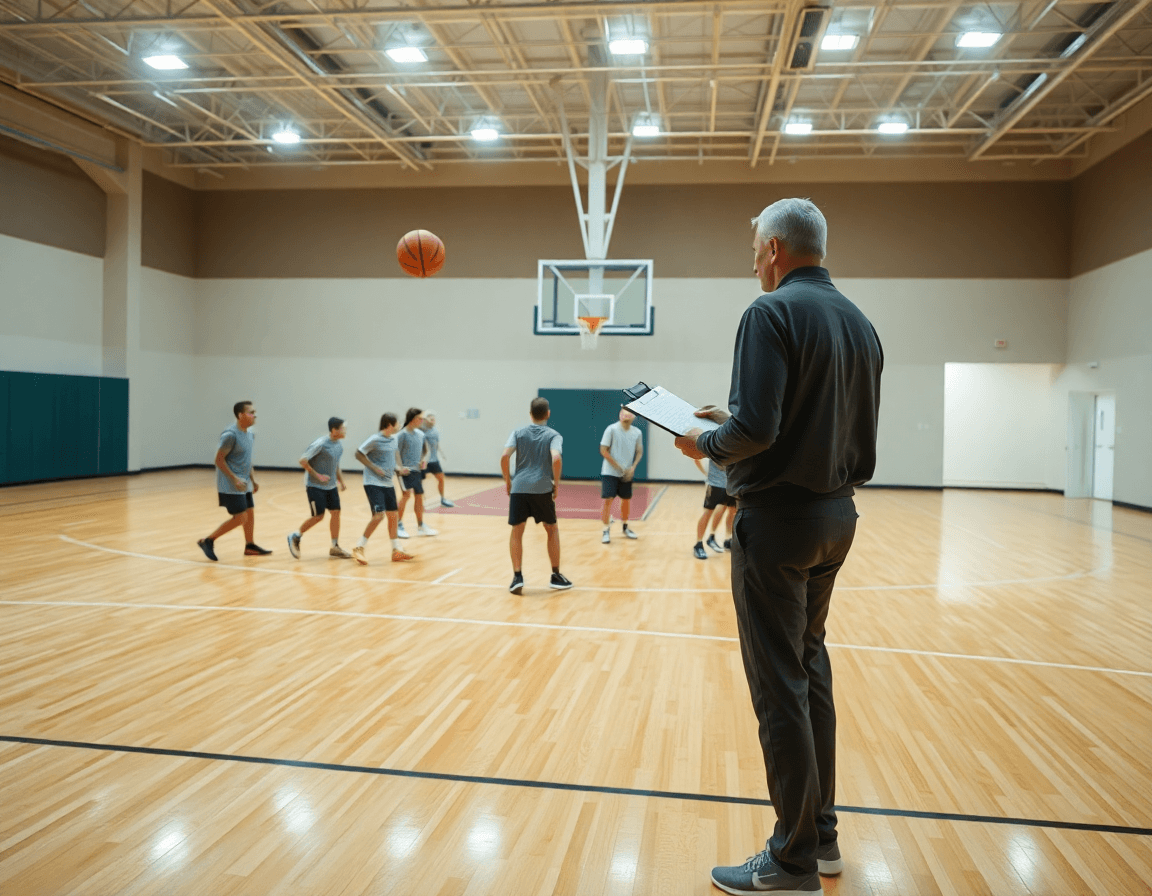 Scena ampia di basket: l'allenatore guida la squadra durante una sessione, come allenare il tiro nel basket.