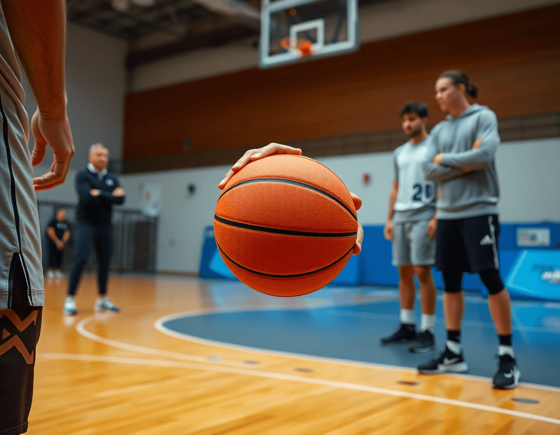 Dettaglio mani su una palla da basket mentre la squadra lavora resistenza nel basket.