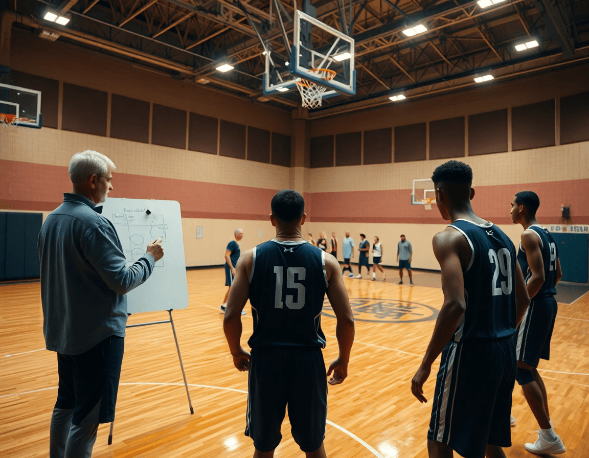 Coach mostra le azioni su una lavagna bianca mentre i giocatori eseguono resistenza nel basket.