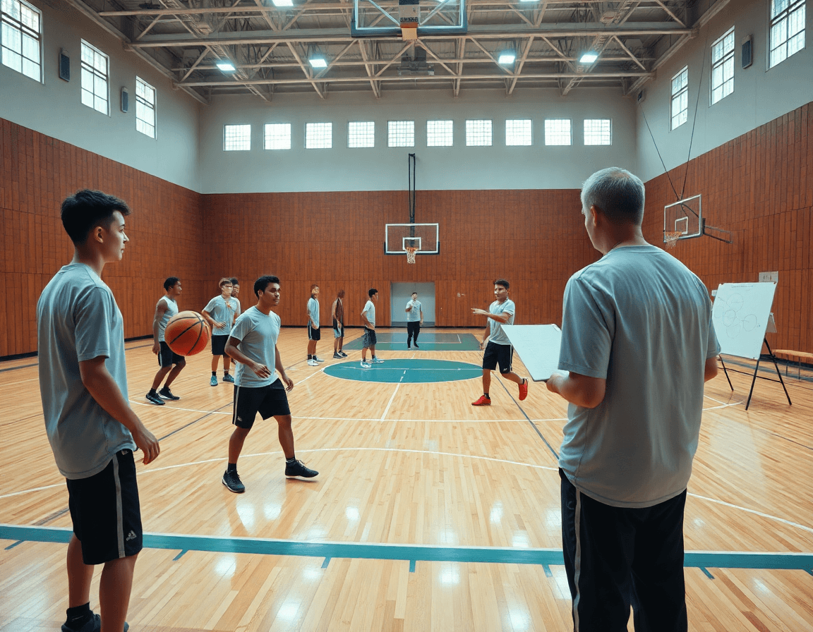 Scena ampia di basket in palestra, coach con clipboard e lavagna, come allenare la resistenza nel basket.