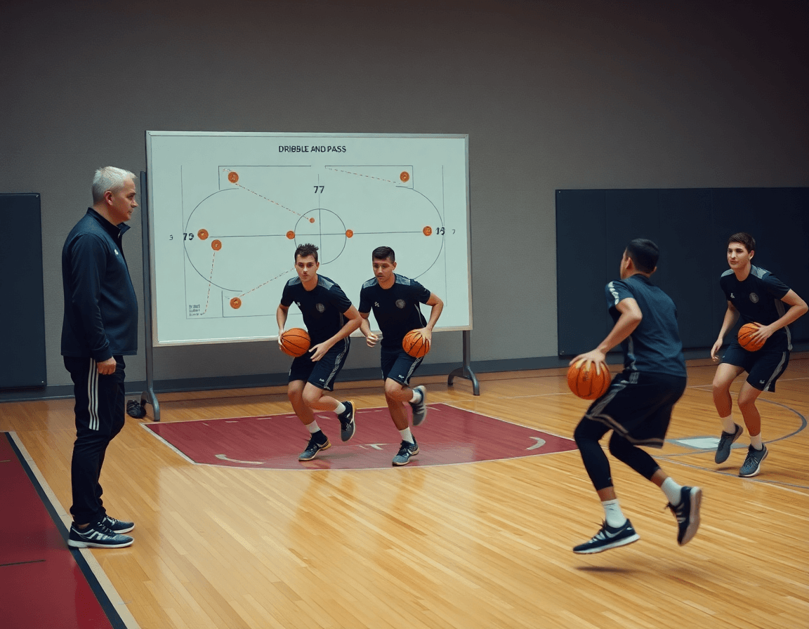 Allenatore accanto a una tavola tattica mostra una sequenza di palleggi e passaggi con la basketball.