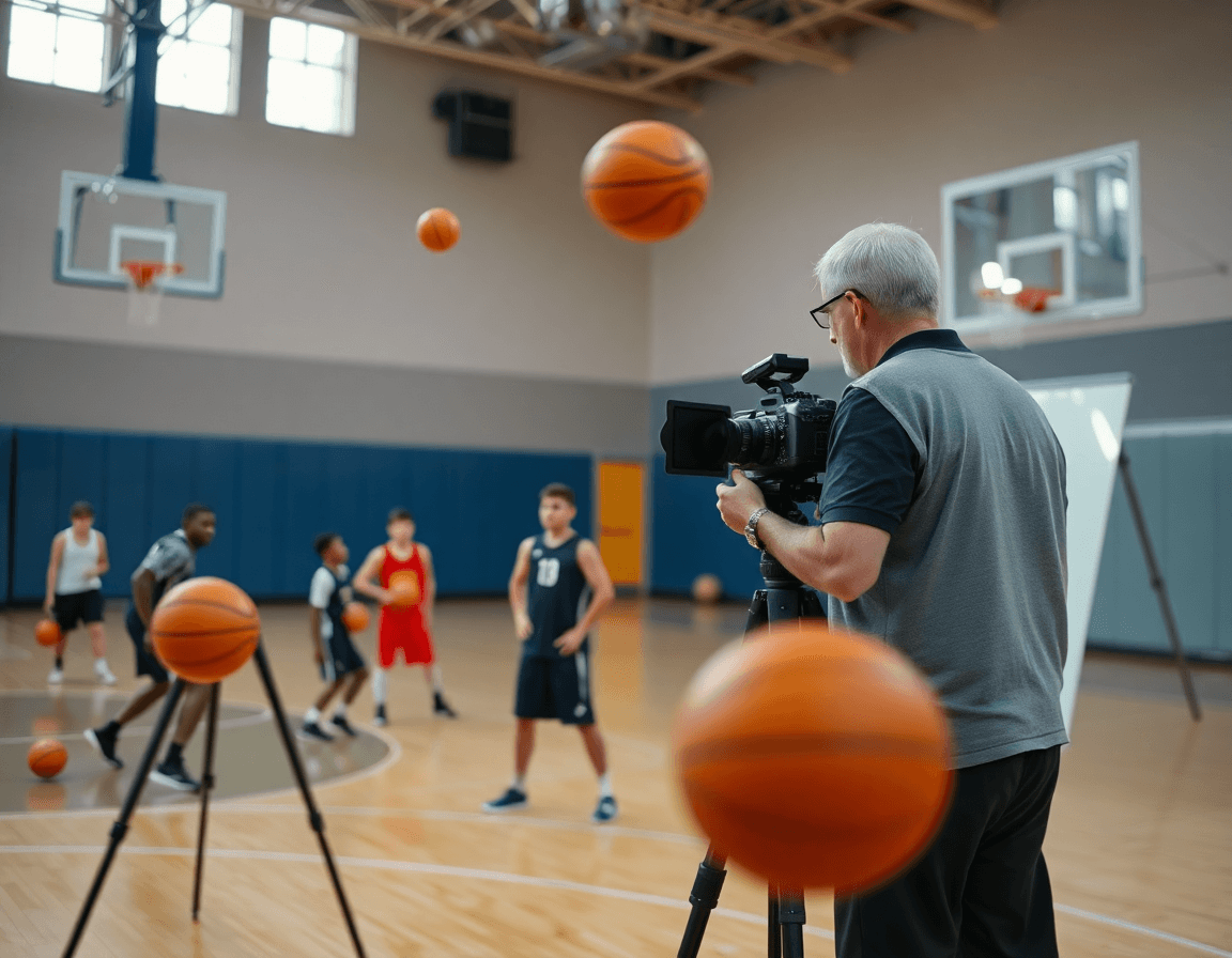 Scena di videoregistrazione: giocatori palleggiano e passano sul parquet davanti a una telecamera.