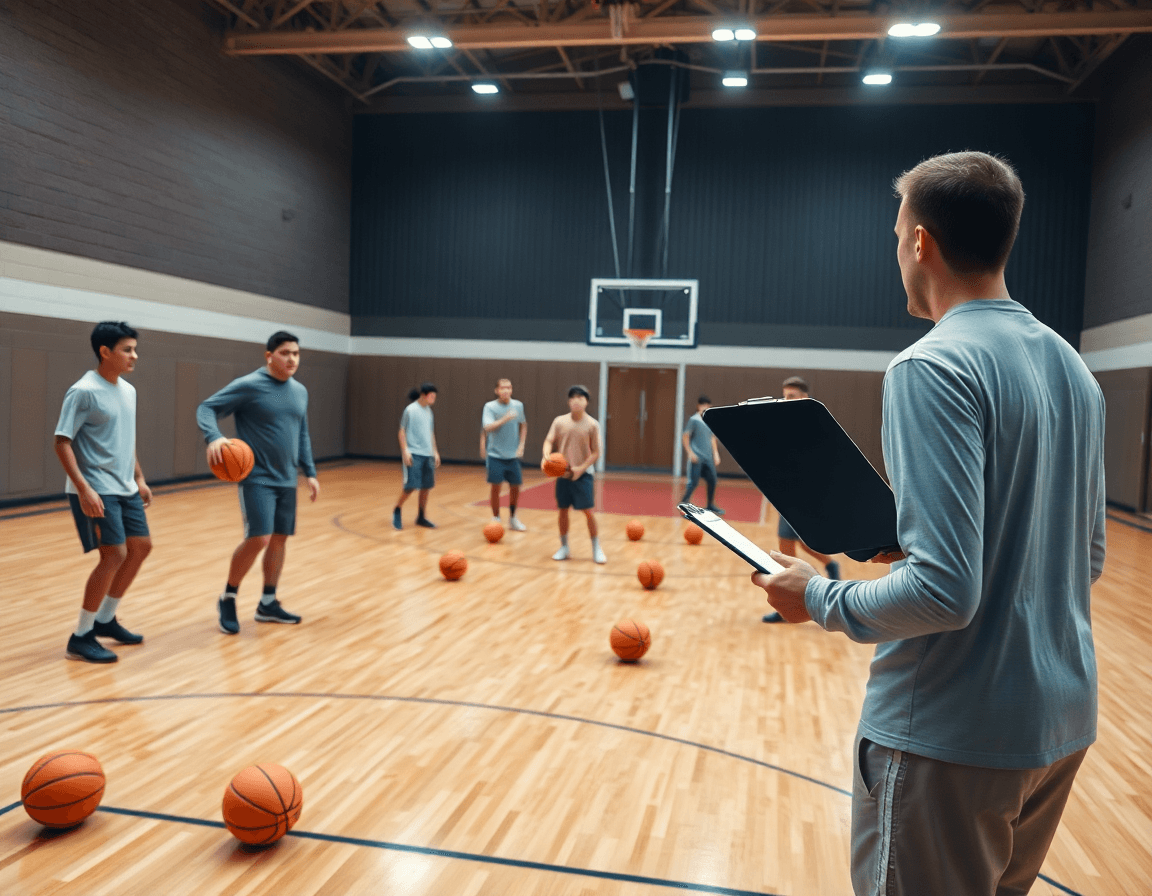 Scena ampia di palestra di basket: coach guida il team in drill di palleggio sul parquet lucido.