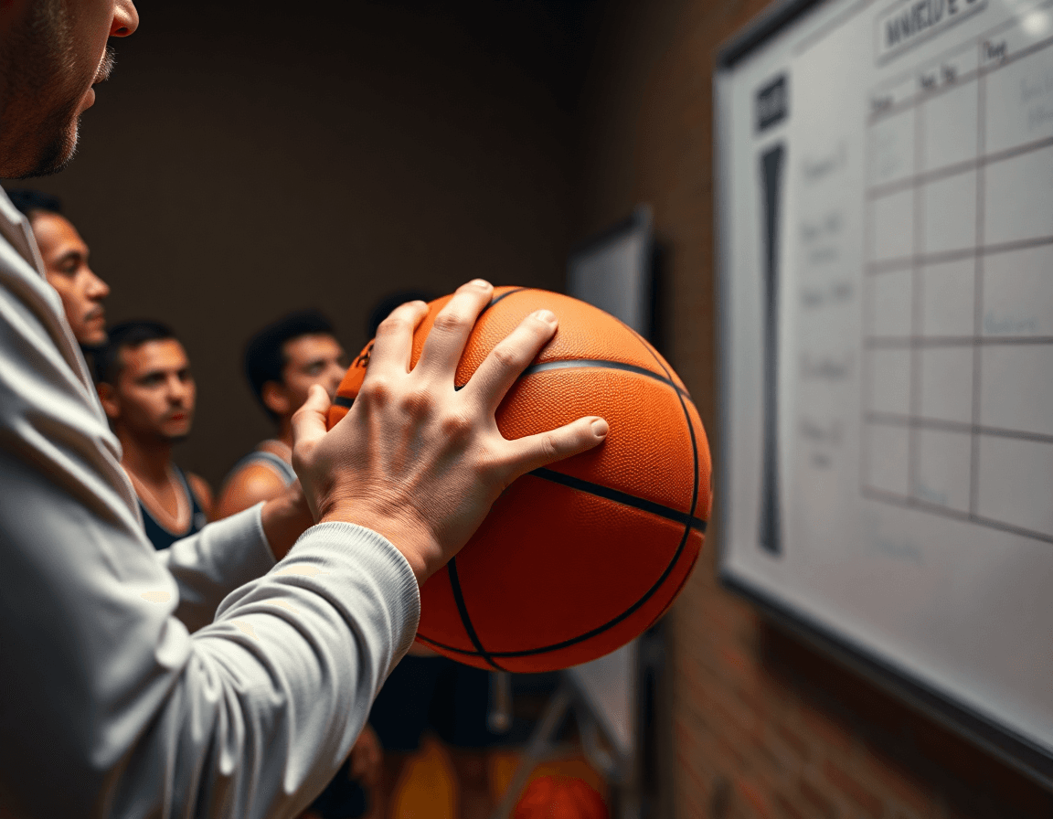 Primo piano sulle mani che tengono un pallone da basket mentre spiega come allenare una squadra di basket.