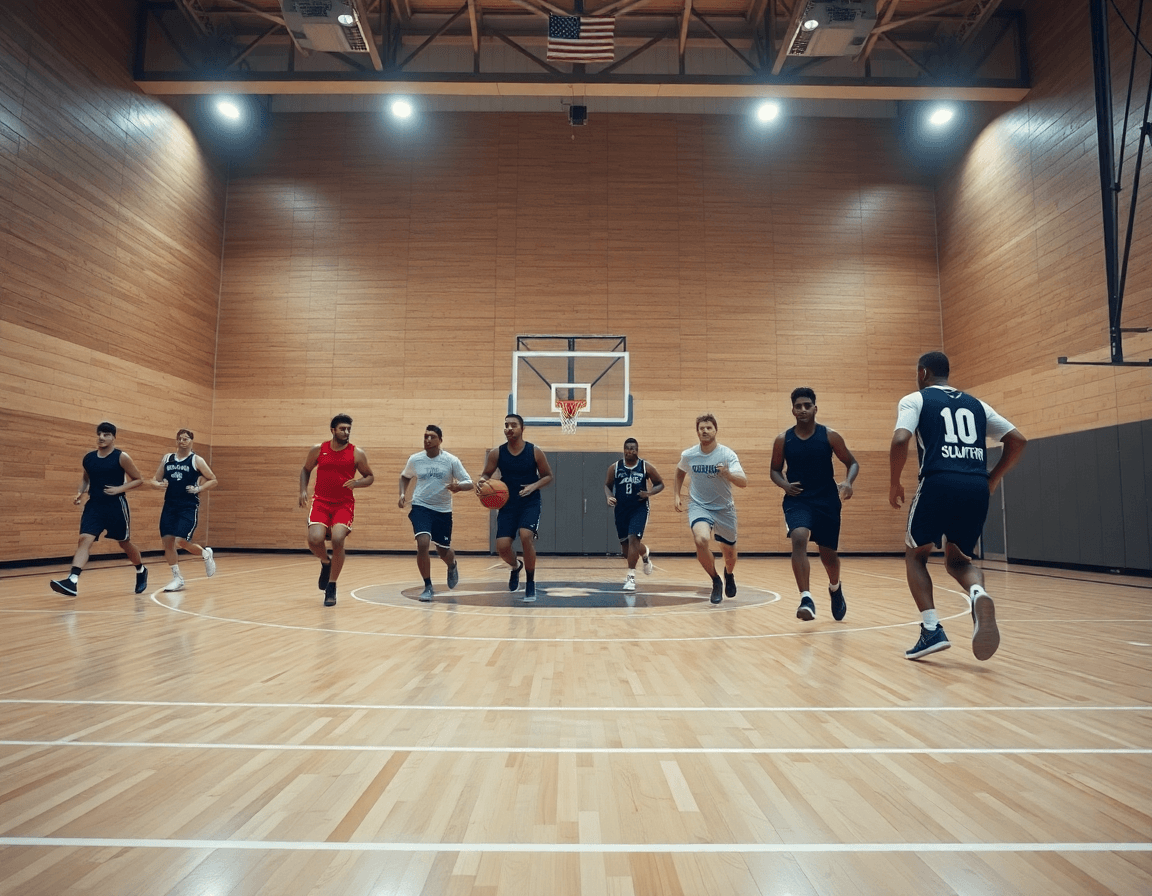 Giocatori eseguono una drill di basket mentre il coach indica come allenare una squadra di basket.