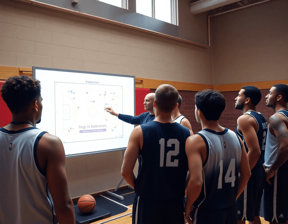 Giocatori guardano una lavagna tattica mentre il coach indica come allenare una squadra di basket.