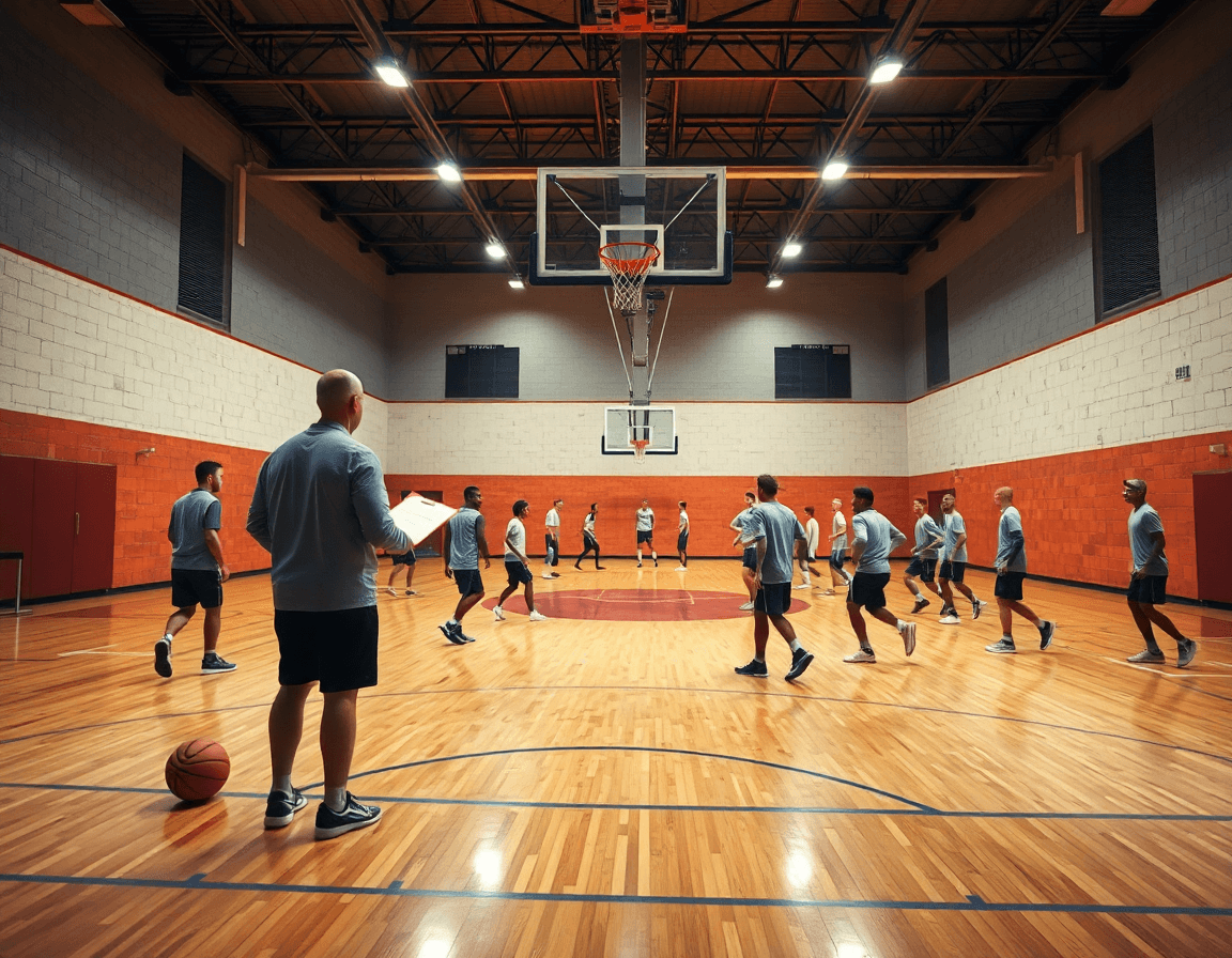 Scena ampia in palestra di basket: come allenare una squadra di basket durante l'allenamento.