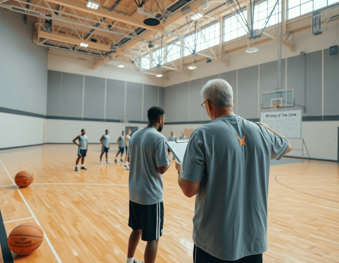 Squadra di basket in allenamento mentre si mostra come attaccare la difesa a zona basket durante l'allenamento.