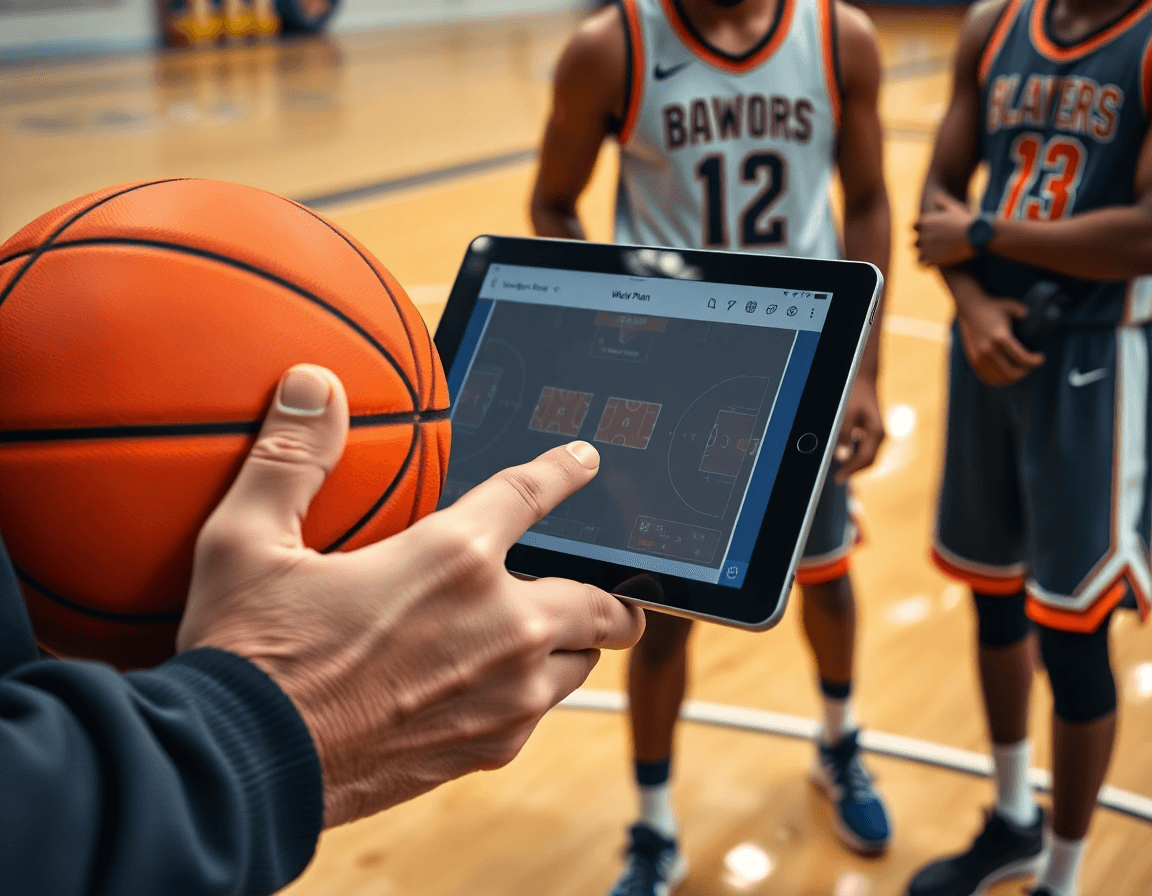 In primo piano, mani con una pallina arancione osservano schemi basket online durante l'allenamento.