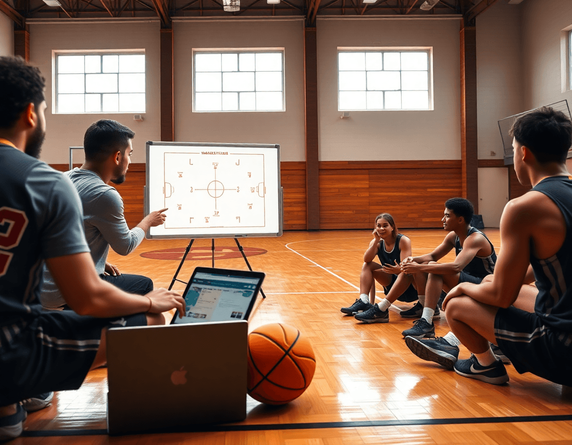 Un allenatore spiega schemi basket online su lavagna tattica mentre i giocatori consultano laptop sul parquet.
