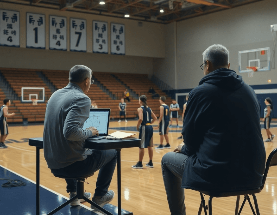 Un allenatore esporta schemi basket online da lavagna tattica su laptop durante l'allenamento.