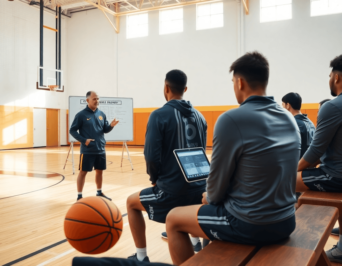 Allenatore osserva schemi basket online su tablet vicino al parquet durante l'allenamento.