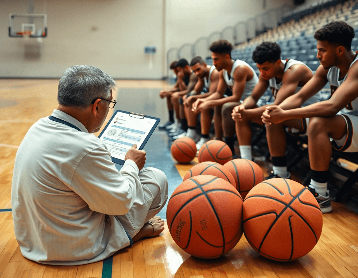 Scena di scouting: allenatore e scout discutono come difendere bene a basket contro l'avversario.