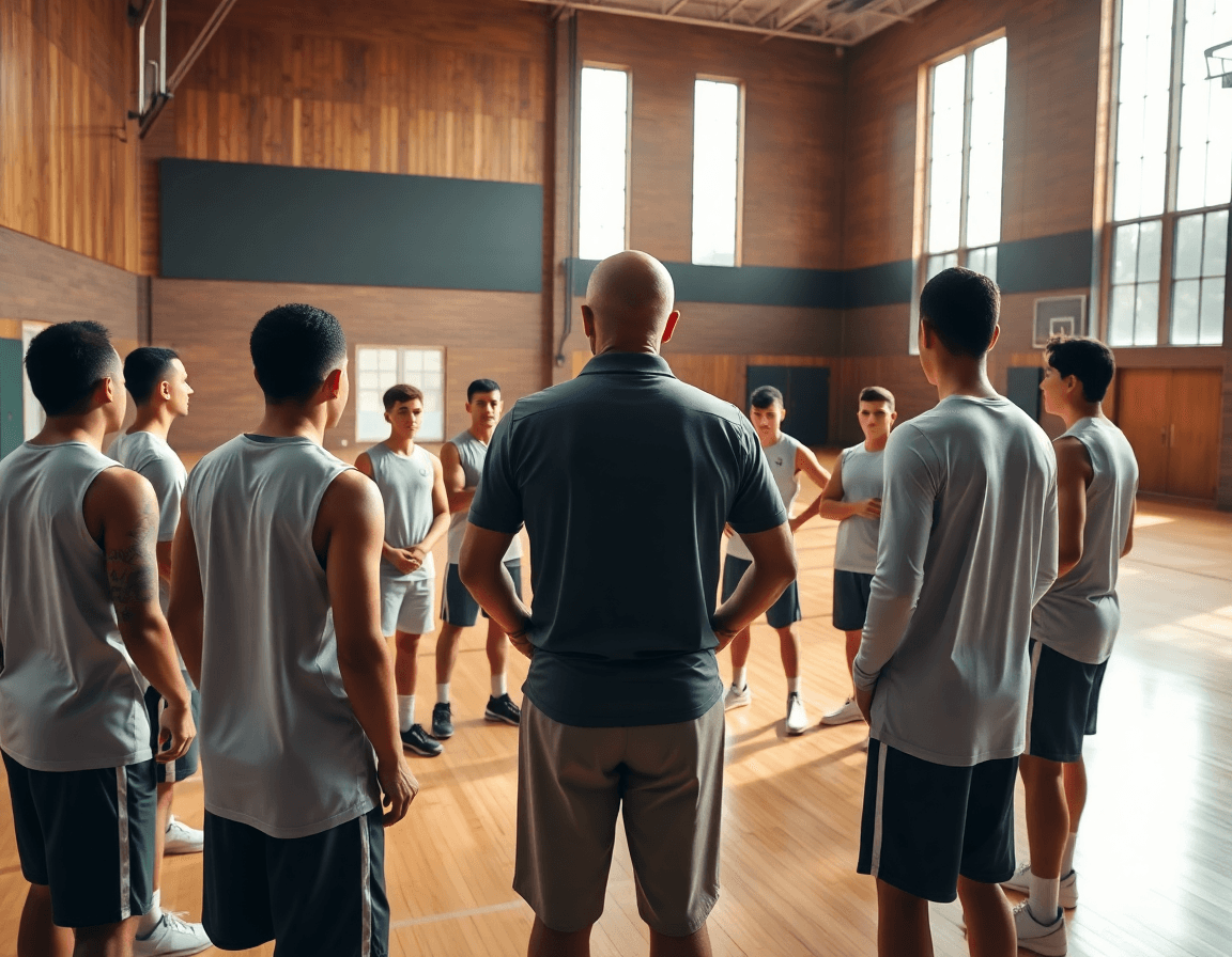 Scena panoramica: come difendere bene a basket in palestra, allenatore con lavagna e giocatori.