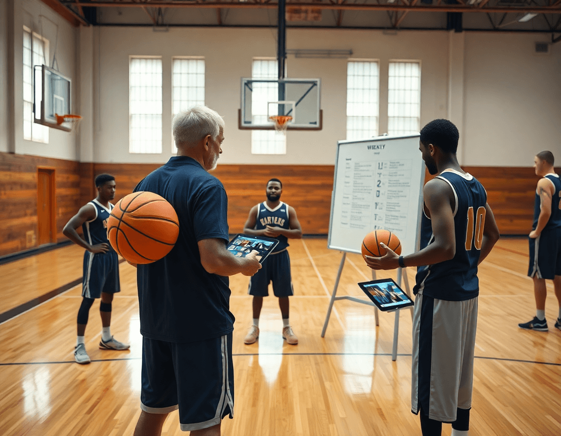 Coach e giocatori discutono la settimana di basket, migliore scuola basket roma, durante l'allenamento in palestra.