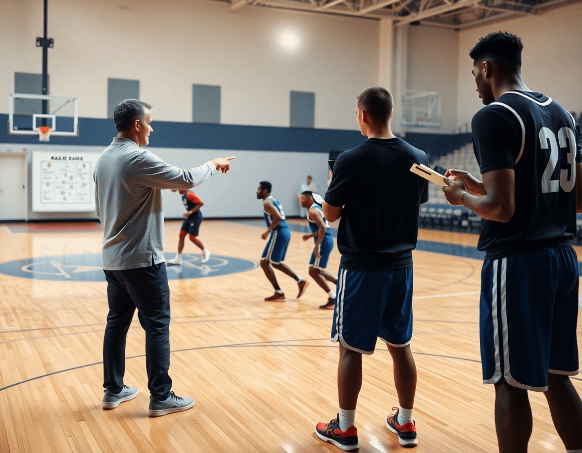 Allenatore guida una sessione di basket pianificando la settimana, migliore scuola basket roma in palestra.