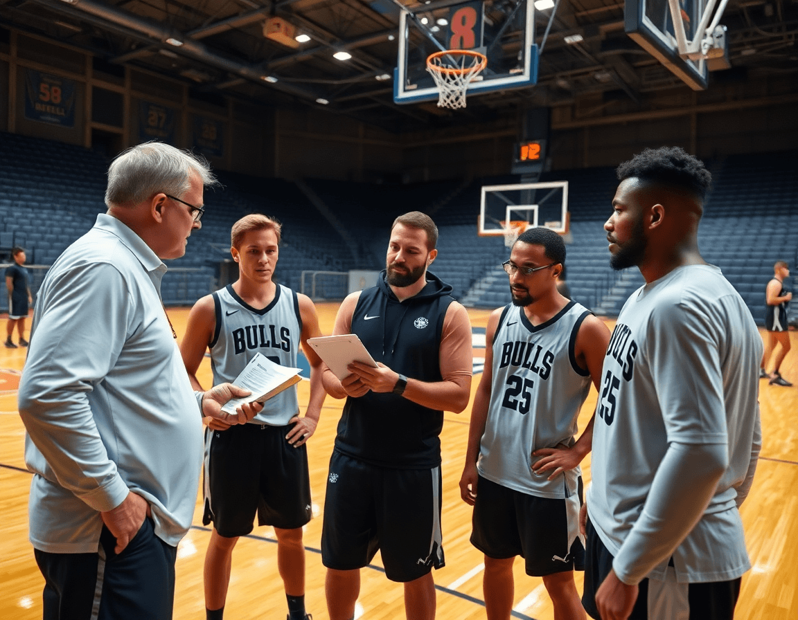 Coach e squadra valutano una nuova sede di basket, migliore scuola basket roma, usando una checklist.