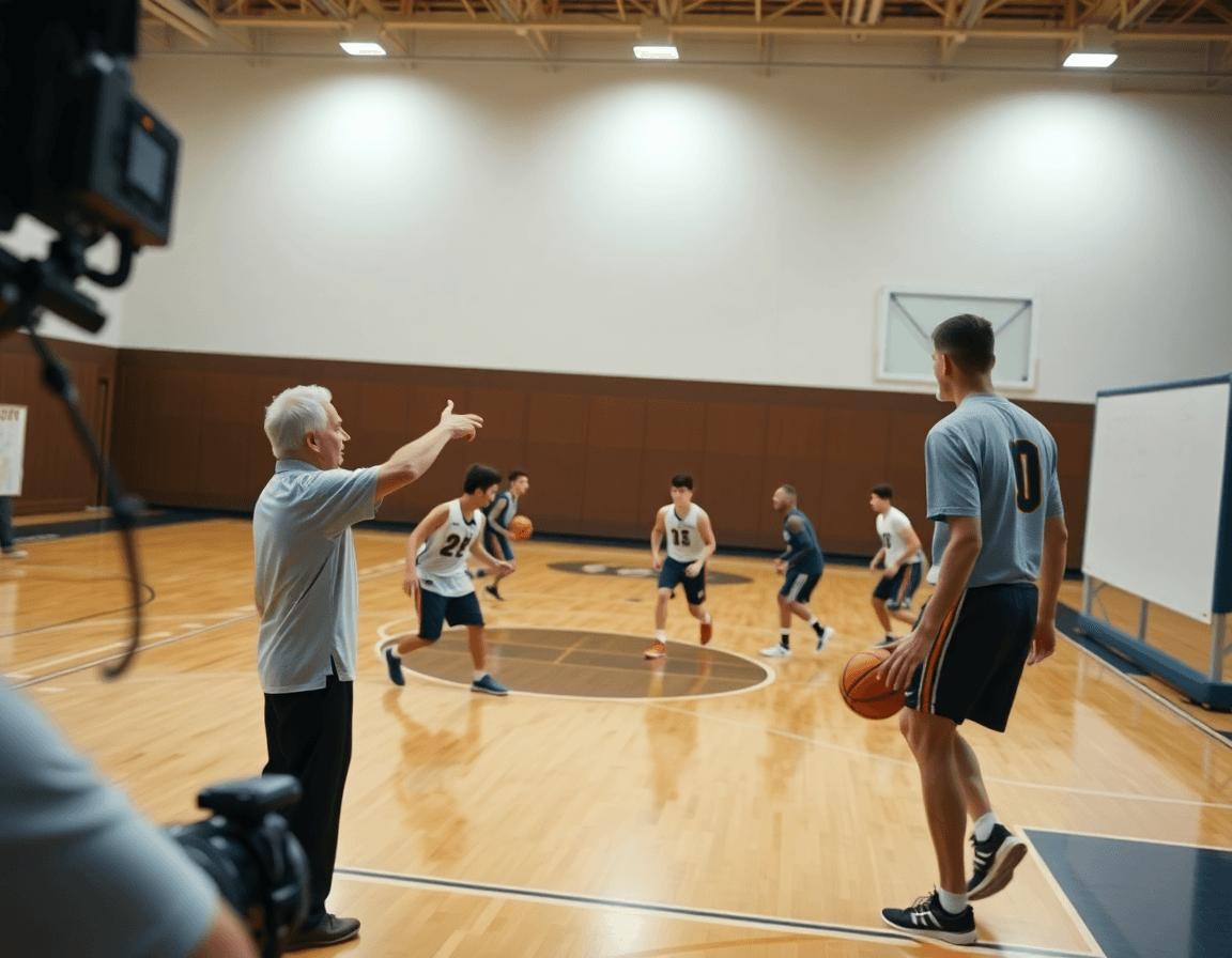 Grande scena in palestra di Roma con coach e squadra di basket, migliore scuola basket roma.
