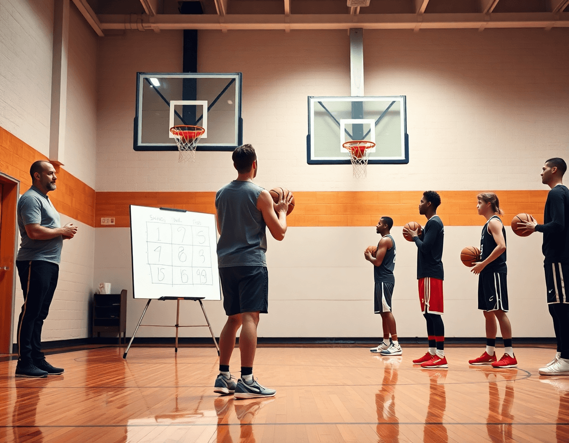 Un coach indica una progressione di tiro con la whiteboard; come migliorare la tecnica di tiro nel basket.