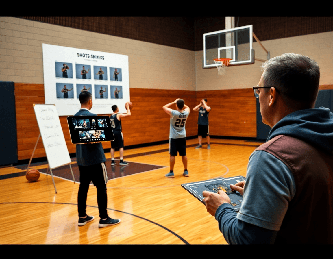 Coach guarda clip su tablet mentre la squadra lavora tiri da tre punti sul parquet, basketball.