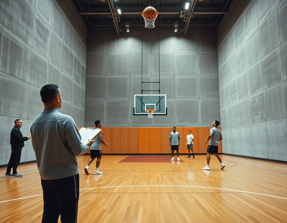 Scena ampia in palestra di basket: come migliorare la tecnica di tiro nel basket tra allenamenti.