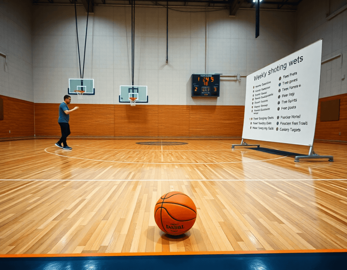 Allenatore imposta obiettivi settimanali di tiro sul campo di basketball insieme ai giocatori.