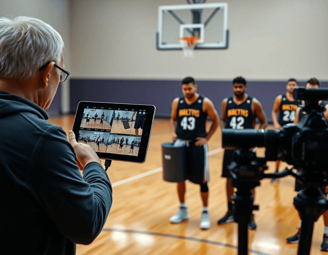 Video-analisi di tiri: l'allenatore guida miglioramenti nel tiro basketball attraverso clip e appunti.
