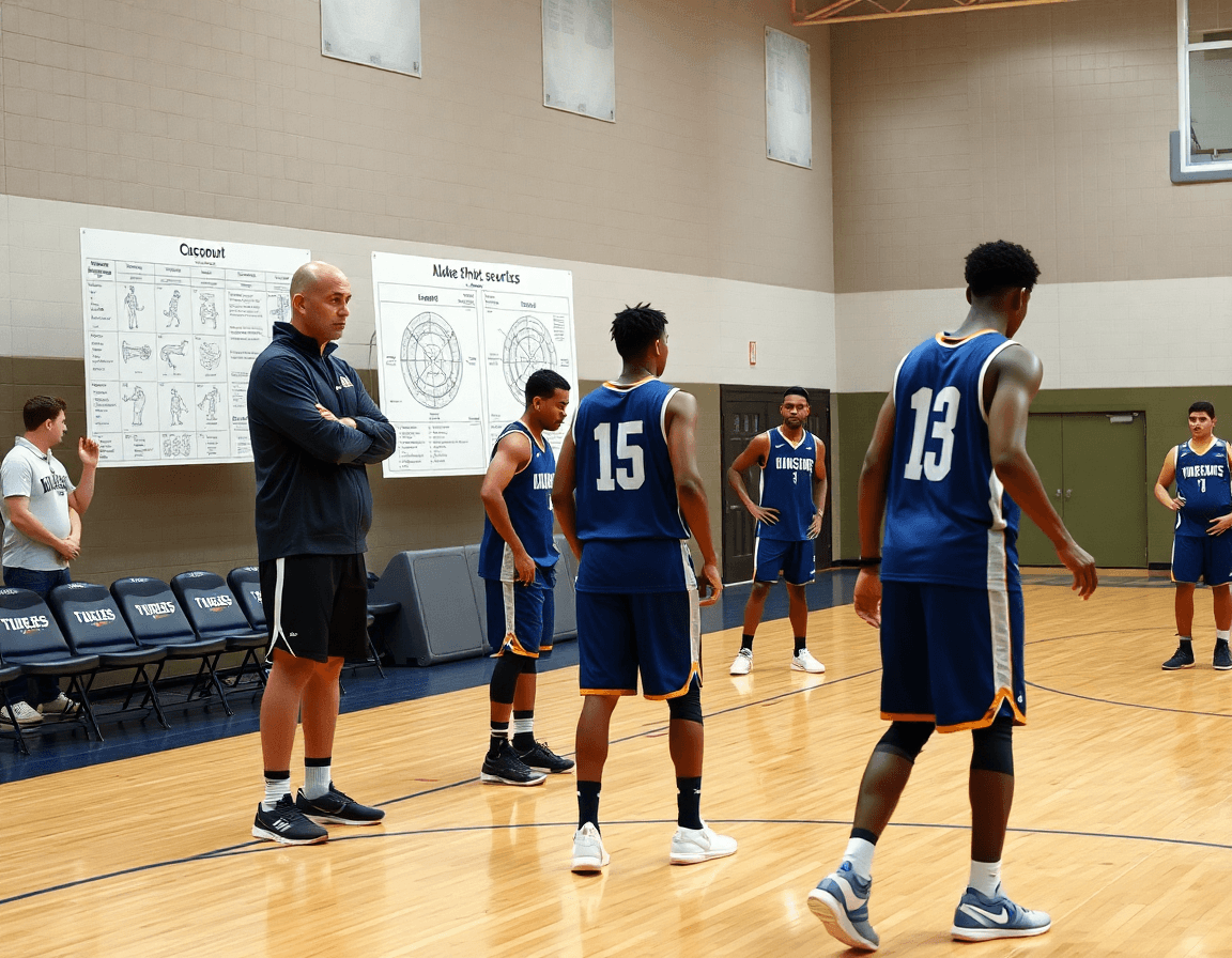 Scouting e contromisure: coach e squadra analizzano appunti difensivi basketball durante la sessione di tiro.